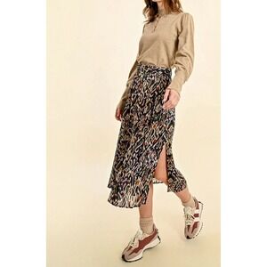 Pleated Midi Skirt Abstract Print Side Slit Belted Casual‎ Career Size Small